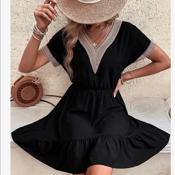 Boho Sheer Mesh Crochet Lace Flounce Sleeve Ruffle Dress - Picture 9 of 15